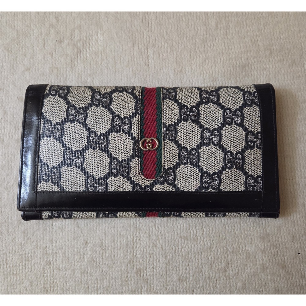 Vtg Gucci Ophidia Gold GG Supreme Canvas Snap Flap Wallet Black Trim Web Stripe